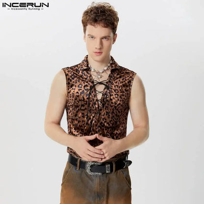 INCERUN Tops 2024 Amerikanischen Stil Mode Männer Ripple Kordelzug Design Westen Sexy Casual Cropped Revers Ärmellose Tank Tops S-5XL