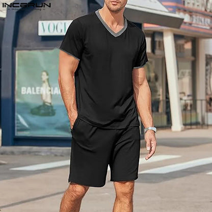 INCERUN 2024 American Style Sets Stylish Men's Short Sleeved T-shirts Shorts Casual Loose V-neck Streetwear Suit 2 Pieces S-5XL