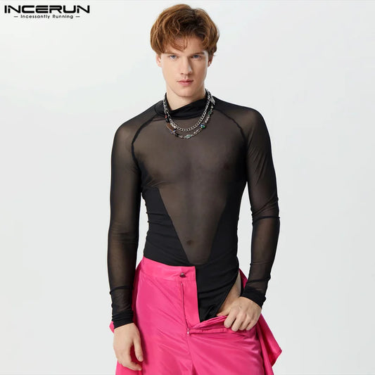 INCERUN 2023 Sexy Mens Homewear Mesh Splicing Perspective Jumpsuits Fashion Half High Neck Triangle Long Sleeved Bodysuits S-5XL