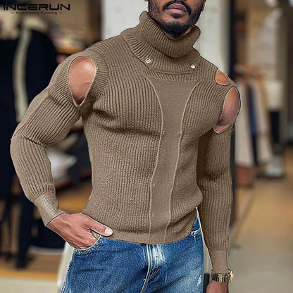 Casual Simple Style Tops INCERUN New Men's High Neck Hollowed Striped Pullovers Streetwear Male Long Sleeved Sweater S-5XL 2024