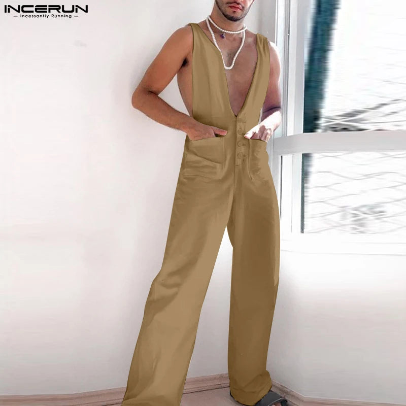 INCERUN 2023 Style américain Nouveau Hommes Décontracté Solide Conception Sangle Pantalon Mode Streetwear Vente Chaude Sexy Confortable Combinaisons