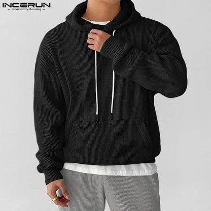 Stylish All-match Tops INCERUN Mens Hoodies Street Loose Striped Hoodies Autumn Winter Drawstring Long Sleeved Sweatshirt S-5XL