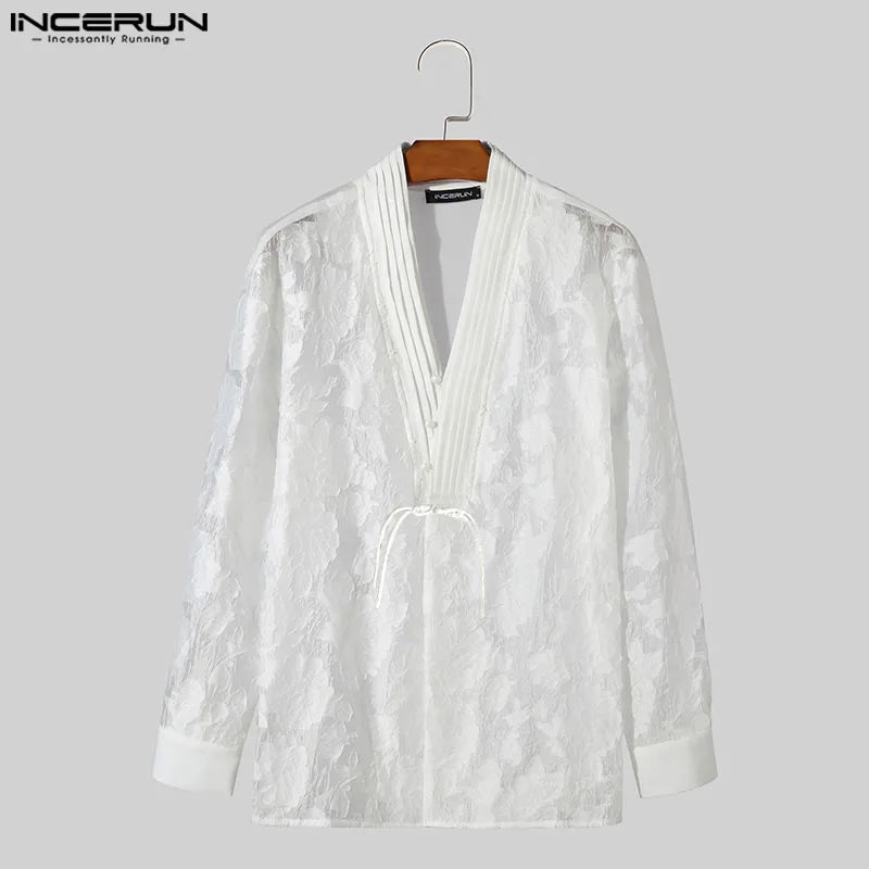 INCERUN Tops 2024 Chinese Style Men's Buckle Hollow Jacquard Design Shirts Casual Streetwear Hot Sale Short Sleeved Blouse S-5XL