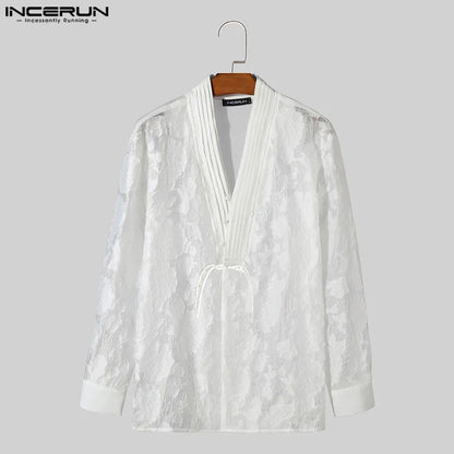 INCERUN Tops 2024 Chinese Style Men's Buckle Hollow Jacquard Design Shirts Casual Streetwear Hot Sale Short Sleeved Blouse S-5XL