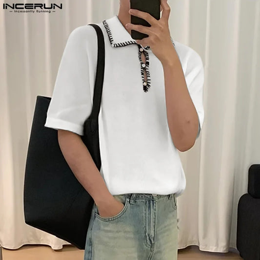 Fashion Well Fitting Tops INCERUN Men Line Design Contrast Color Shirts Summer Casual Male Short Sleeved Lapel Blouse S-5XL 2024