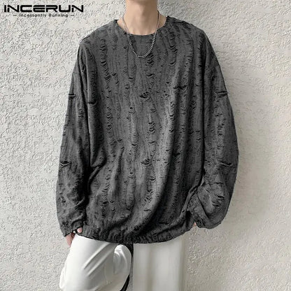 INCERUN Tops 2024 Koreanischen Stil Hübscher Männer Casual Feste Textur T-shirts Mode Streetwear Männlichen Langarm Camiseta S-5XL