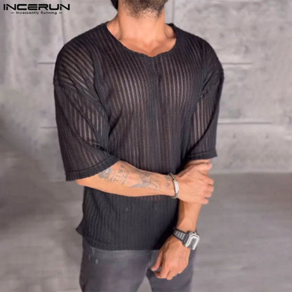 INCERUN Tops 2024 American Style Men's Thin Slightly Transparent Stripe Texture T-shirt Summer Casual Half Sleeve Camiseta S-5XL