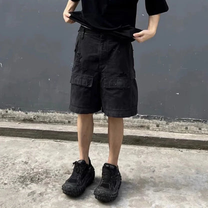 Vintage Ripped Damaged Black Cargo Shorts for Men High Street Wide Leg Baggy Overalls Distressed Summer Knee Length Pants