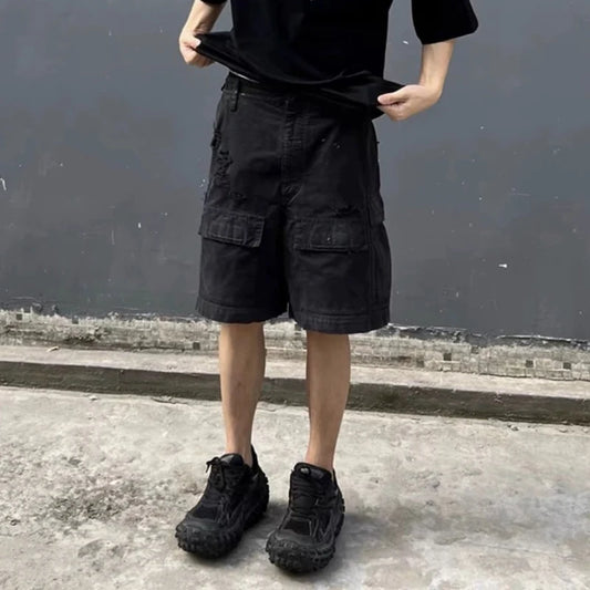 Vintage Ripped Damaged Black Cargo Shorts for Men High Street Wide Leg Baggy Overalls Distressed Summer Knee Length Pants