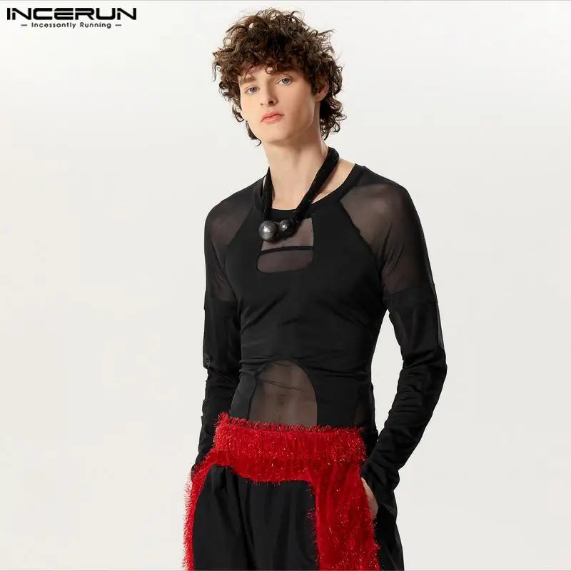 INCERUN 2024 Sexy Men's Homewear Jumpsuits Thin Mesh Splicing Deconstructed Design Rompers Triangle Long Sleeved Bodysuits S-3XL