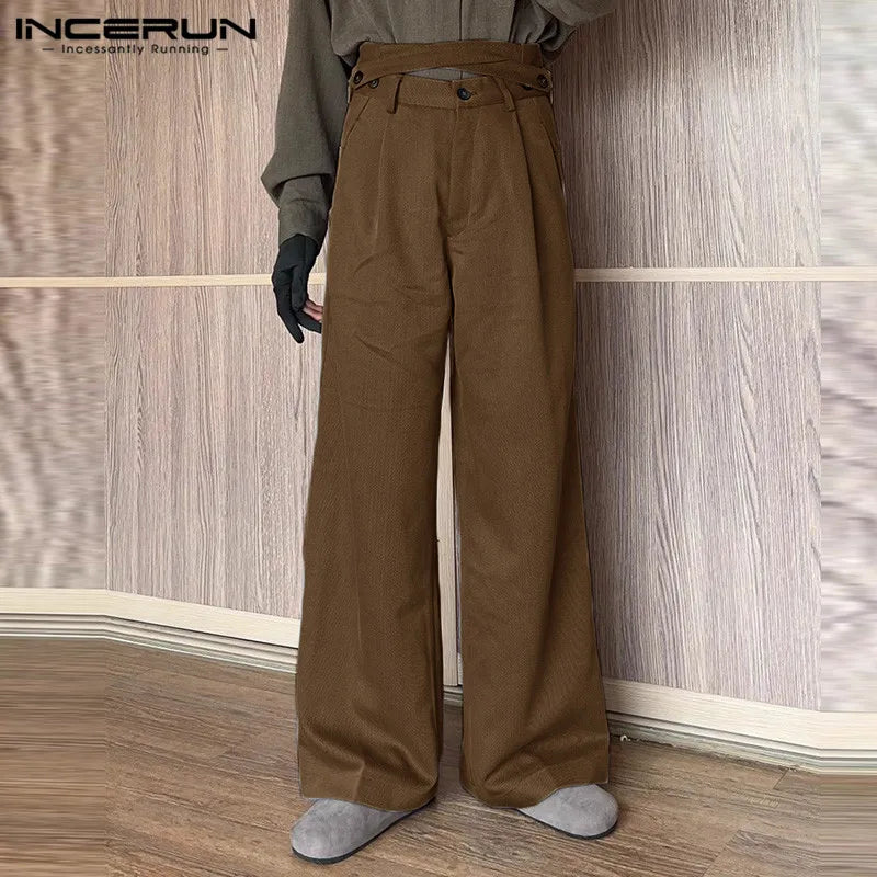 INCERUN 2024 Korean Style Mens Trousers Fashion High Waisted Crossover Design Long Pants Streetwear Straight Leg Pantalons S-5XL