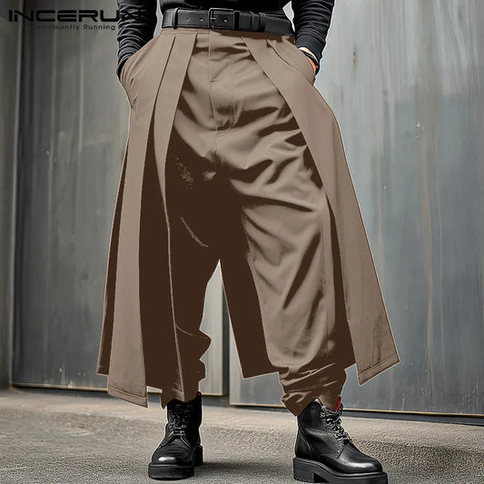 INCERUN Men Irregular Pants Solid Color Joggers Loose Button Pleated Casual Wide Leg Trousers Men Streetwear 2024 Fashion Pants