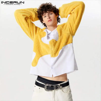 INCERUN Tops 2024 American Style New Men's Personality Suede Patchwork Irregular Shirts Fashion Casual Long Sleeved Blouse S-5XL