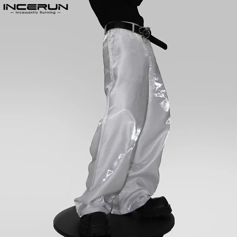 INCERUN 2024 Korean Style Pantalons Men Stylish Sparkling Fabric Design Long Pant Leisure Clubwear Hot Sale Solid Trousers S-5XL