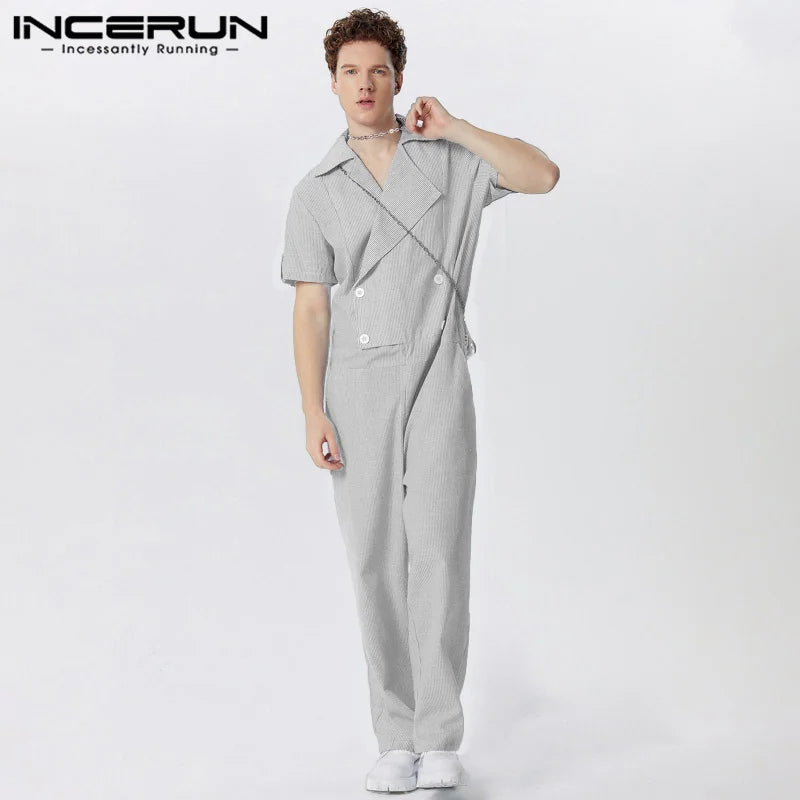 INCERUN 2024 American Style Bodysuits New Men's Stripe Lapel Jumpsuits Casual Party Shows All-match Short Sleeved Rompers S-5XL