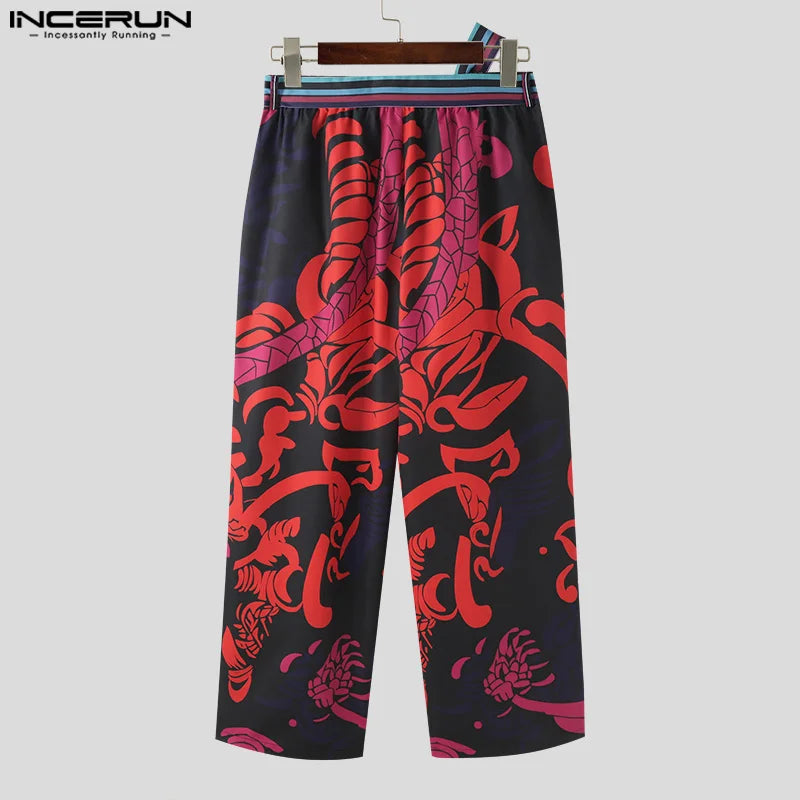 INCERUN 2024 American Style Trousers Stylish Mens Personality Floral Print Pant Leisure Streetwear Hot Sale Belt Pantalons S-5XL