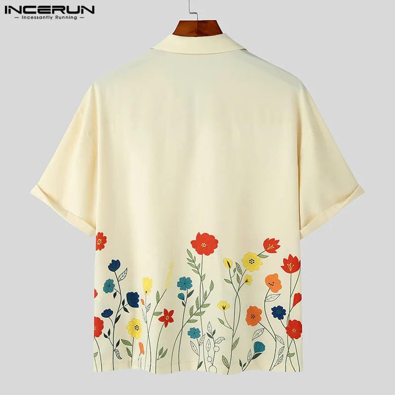 2023 männer Hemd Blume Druck Revers Kurzarm Lose Sommer Streetwear Männer Kleidung Koreanischen Stil Casual Shirts S-5XL INCERUN