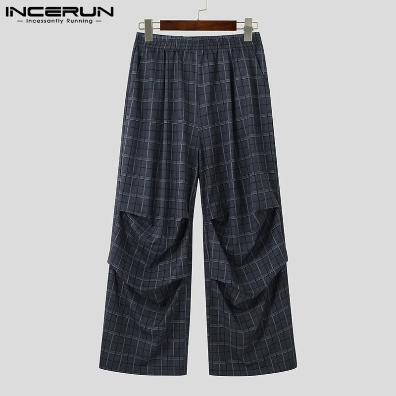 INCERUN 2024 Korean Style Pantalons New Men's Plaid Pleated Pants Casual Personality Male All-match Straight Leg Trousers S-5XL