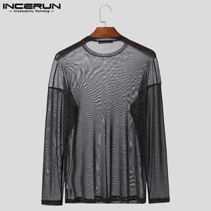 Fashion Clubwear Style Tops INCERUN 2024 Men's Perspective Mesh T-shirt Sexy Casual Thin Flash Fabric Long Sleeve Camiseta S-5XL