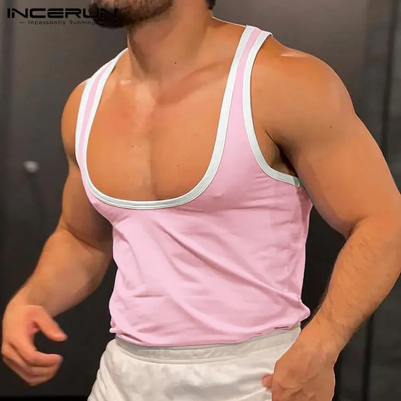 INCERUN Tops 2024 Amerikanischen Stil Neue Herren Kontrast Farbe Patchwork Große Tank Tops Lässig Bequeme Männliche U-ausschnitt Westen S-5XL