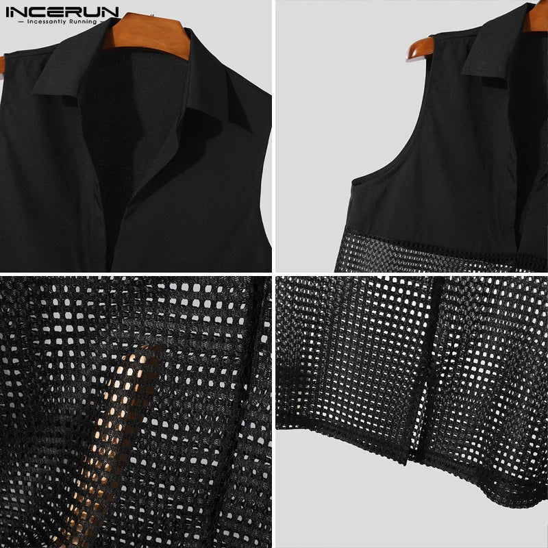 Sexy Stylish Style INCERUN Men's Slightly Perspective Mesh Splicing Shirts Summer Casual Streetwear Male Sleeveless Blouse S-5XL