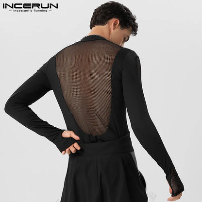 INCERUN Sexy Homewear Mens Hollow See-through Mesh Splice Bodysuits Casual Tight Elastic Sleeve Finger Triangle Jumpsuits S-5XL