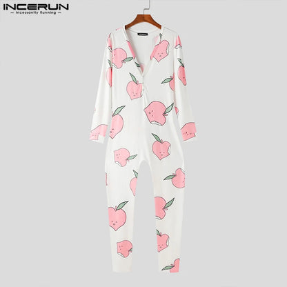 INCERUN 2024 Sexy Style Loungewear Men's Jumpsuit Stylish Cartoon Printing Bodysuits Male Thin V-neck Long Sleeved Rompers S-5XL