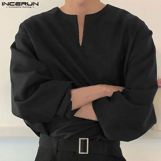 INCERUN 2023 Men Shirt Solid Color V Neck Long Sleeve Loose Vintage Men Clothing Streetwear korean Style Casual Shirts S-5XL