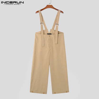 INCERUN 2024 Fashion New Men Rompers Loose High Waisted Wide Leg Jumpsuits Casual Solid Well Fitting Shoulder Strap Pants S-5XL