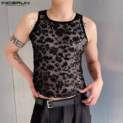 Stylish Sexy Style Tops INCERUN New Mens Mesh Hollow Sequin Glitter Fabric Vests Casual Clubwear Sleeveless Thin Tank Tops S-5XL