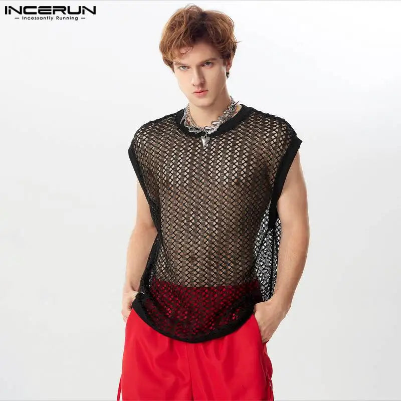 INCERUN Tops 2024 American Style Sexy Men Solid Hollow Perspective Vests Stylish Streetwear Male All-match Loose Tank Tops S-5XL