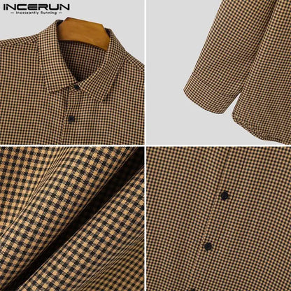 INCERUN Stylish Men's Tops 2024 Autumn New Arrival Lapel Neck Long Sleeve Shirts Plaid Casual Blouse Male Fashion Clothing S-5XL