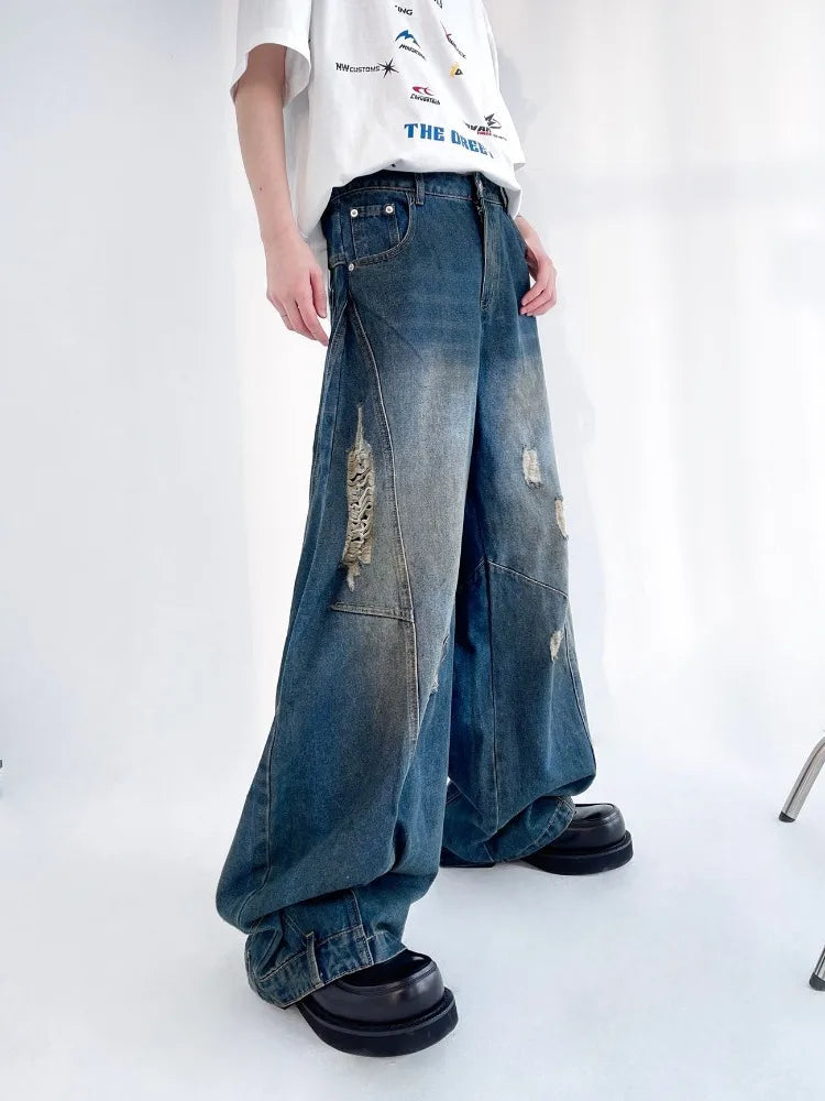 HOUZHOU Hip Hop Zerrissene Jeans Männer High Street Männlichen Distressed Denim Breite Bein Hosen Casual Hosen Vintage