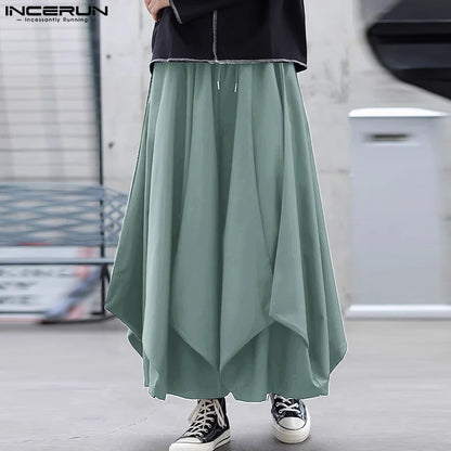 INCERUN 2024 Korean Style Pantalons Men's Wide Leg Hem Design Long Pants Fashionable Streetwear Male Solid Loose Trousers S-5XL