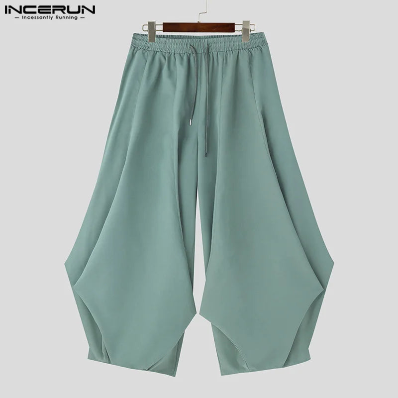 INCERUN 2024 Korean Style Pantalons Men's Wide Leg Hem Design Long Pants Fashionable Streetwear Male Solid Loose Trousers S-5XL