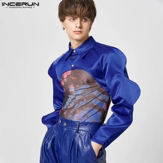 Men Irregular Shirt Lapel Long Sleeve Solid Color Button Fashion Sexy Male Crop Tops Loose Streetwear 2023 Camisas 5XL INCERUN 7