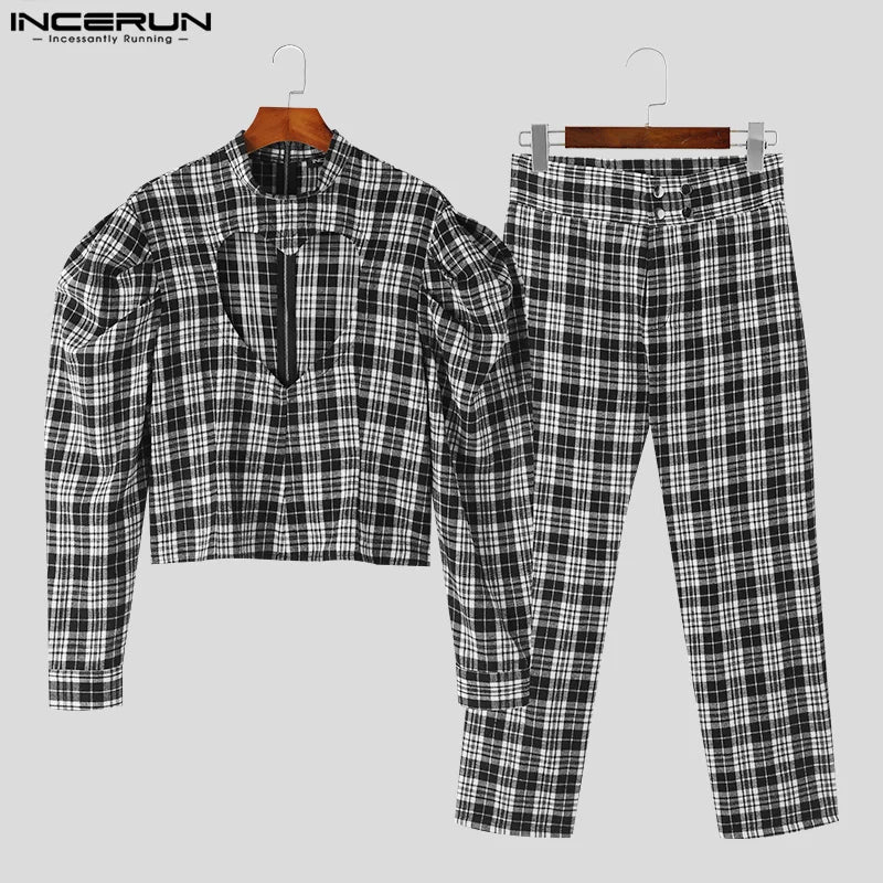 INCERUN 2024 American Style Mens Sets Heart Hollow Leg Of Mutton Sleeve Shirts Long Pants Casual Streetwear Two-piece Sets S-5XL