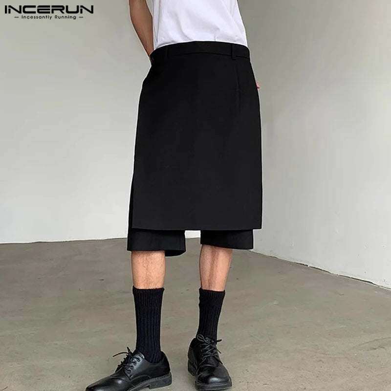 INCERUN 2024 Shorts de style coréen pour hommes, faux shorts de conception irrégulière en deux pièces, shorts d'été décontractés bien ajustés pour hommes, shorts solides S-5XL