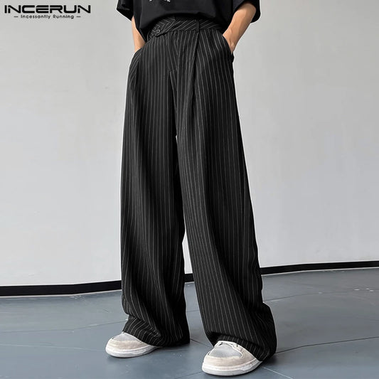 INCERUN 2024 Korean Style New Men Pantalons Fashion High Waist Stripe Long Pants Casual Streetwear Male Straight Trousers S-5XL