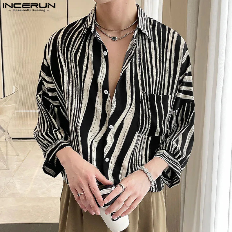 INCERUN Tops 2024 Korean Style Handsome Men Fashion Irregular Stripe Shirts Casual Streetwear Seven Quarter Sleeved Blouse S-5XL