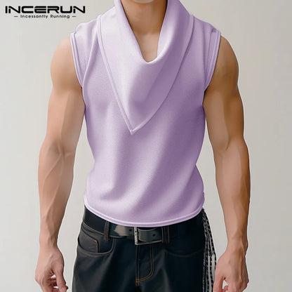 INCERUN Tops 2024 Korean Style Fashion Men's Pile Neck Vests Casual Streetwear Solid All-match Simple Sleeveless Tank Tops S-5XL