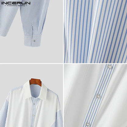 INCERUN Tops  2024 Korean Style New Men's Irregular Striped Design Blouse Casual Simple All-match Long Sleeved Lapel Shirt S-5XL