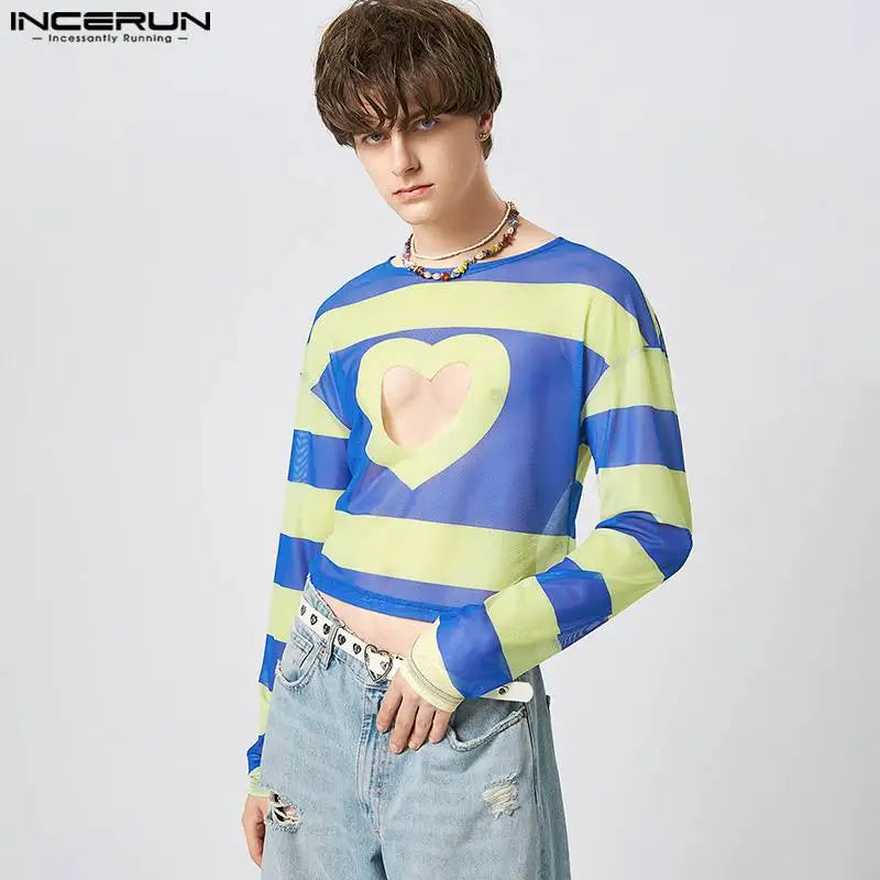 INCERUN Tops 2023 American Style New Men's Hollowed-out Love Pattern Camiseta Fashion Casual Printed Long-sleeved T-shirts S-5XL