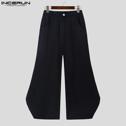 INCERUN 2024 Korean Style Trousers Men Loose Split Line Design Wide Leg Pantalons Fashion Clubwear Male Solid Flared Pants S-5XL