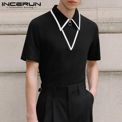 INCERUN Tops 2024 American Style Fashion Men's Line Splicing Lapel Design Shirts Summer Casual Short Sleeved Zipper Blouse S-5XL