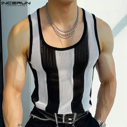 INCERUN Men Tank Tops Striped U-neck Collar Sleeveless Fitness Summer Male Vests Streetwear 2024 Fashion Casual Men Clothing