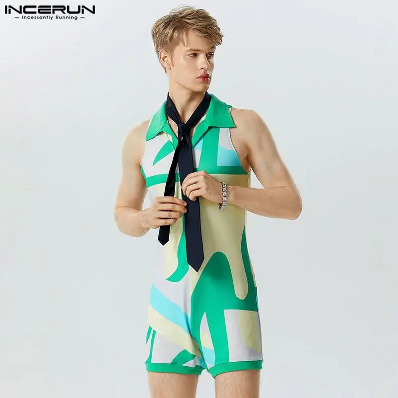 Fashion Casual Style Men's Jumpsuit Shorts INCERUN Streetwear Hot Selling Colorful Printed Lapel Sleeveless Rompers Shorts S-5XL