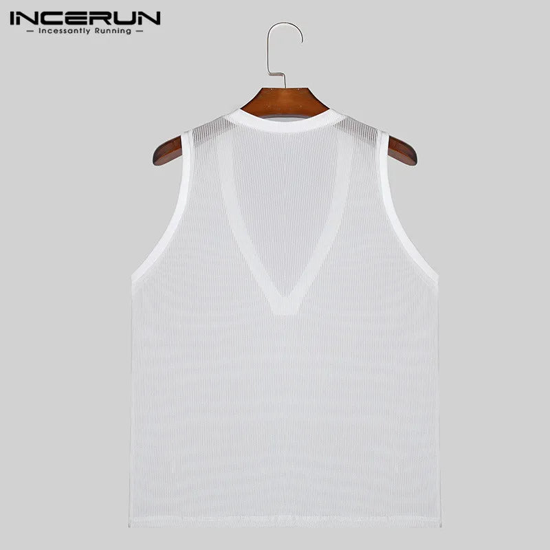 INCERUN Tops 2024 Korean Style Men Deep V Vertical Stripe Knitted Hollow Tank Tops Casual Streetwear Thin Sleeveless Vests S-5XL