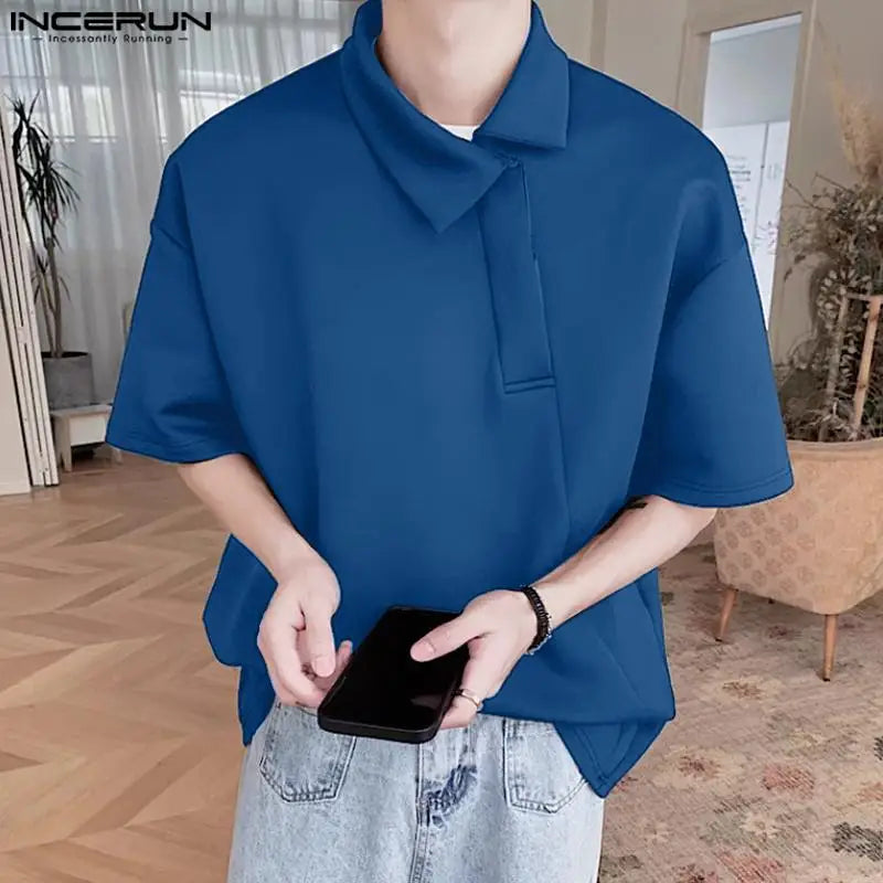 Stylish Well Fitting Tops INCERUN Men Diagonal Front Lapel Shirts Summer Male Casual Streetwear Solid Short Sleeved Blouse S-5XL