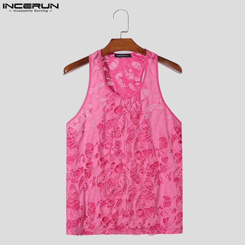 INCERUN Tops 2024 Korean Style Fashion Men's Hollowed Texture Sleeveless Vests Casual Streetwear Hot Sale Summer Tank Tops S-5XL